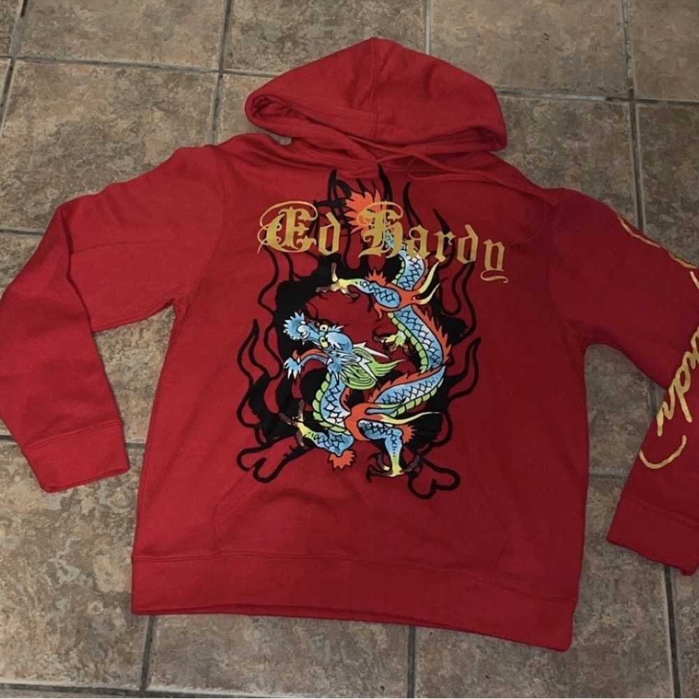 Ed Hardy Red Hoodie with Dragon Design